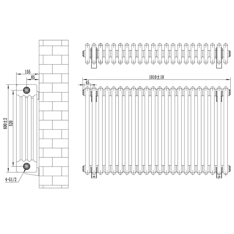 Radiador Tradicional de 4 Columnas y Válvulas – 600 x 1010 mm – Gris Antracita
