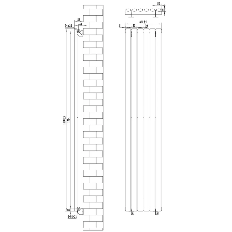 Radiador de Columna Simple Ovalado – 1800 mm x 360 mm – Negro