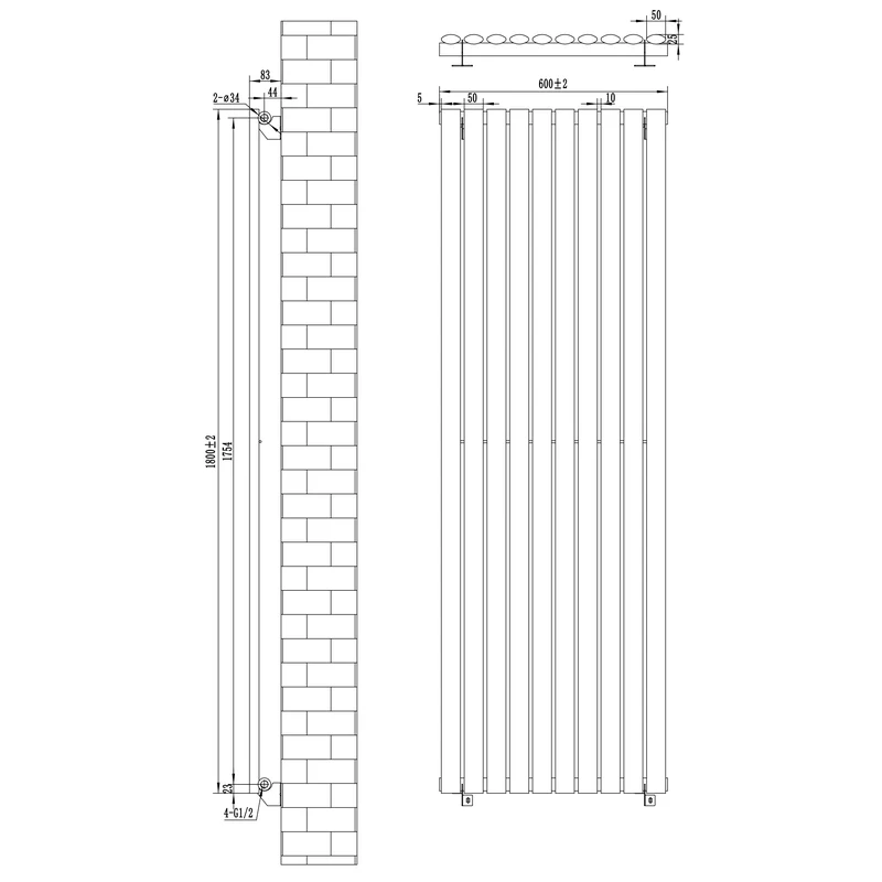 Radiador de Columna Simple Ovalado y Válvulas – 1800 mm x 600 mm – Blanco