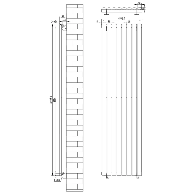 Radiador de Columna Simple Ovalado y Válvulas – 1800 mm x 480 mm – Blanco