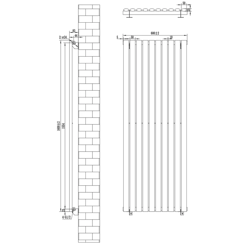 Radiador de Columna Simple Ovalado y Válvulas – 1600 mm x 600 mm – Blanco