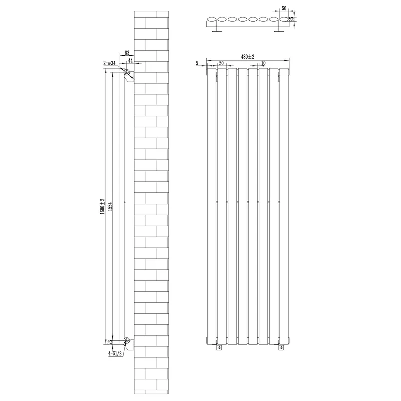 Radiador de Columna Simple Ovalado y Válvulas – 1600 mm x 480 mm – Blanco