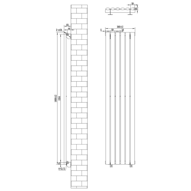 Radiador de Columna Simple Ovalado y Válvulas – 1600 mm x 360 mm – Blanco