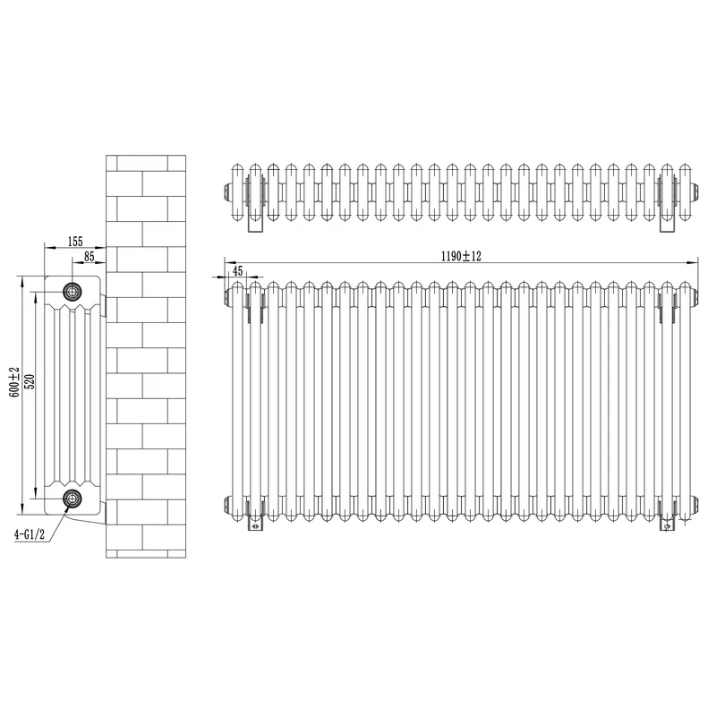 Radiador Tradicional de 4 Columnas – 600 x 1190 mm – Gris Antracita