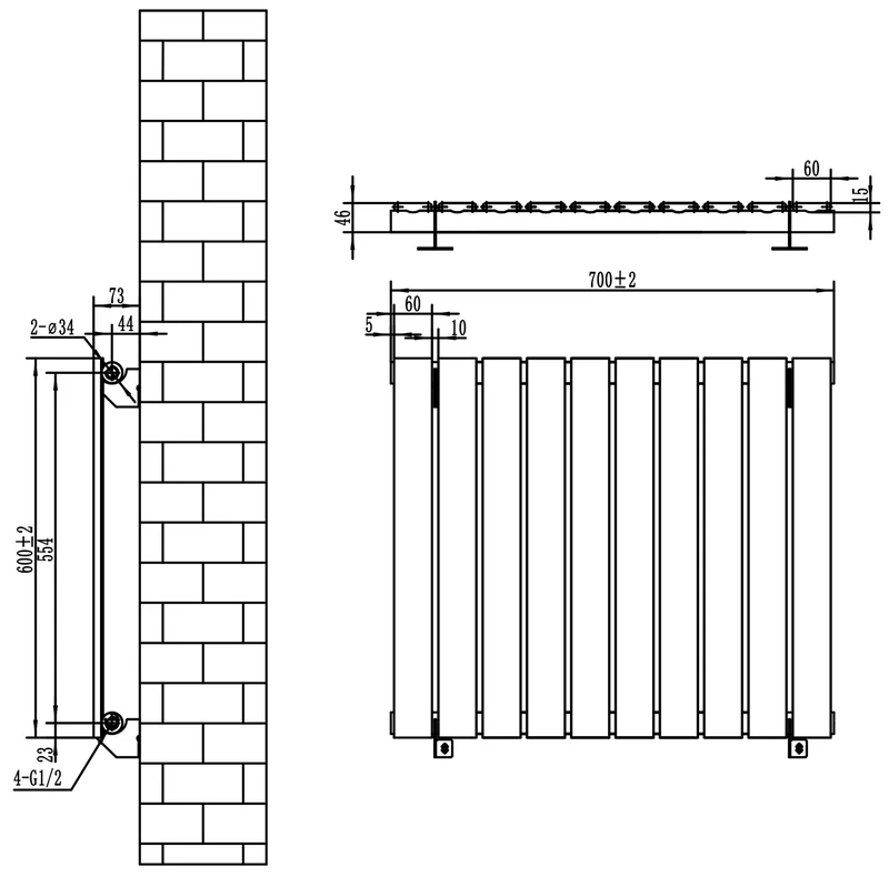 Radiador Plano de Columna Simple con Válvulas – 600 x 700 mm – Gris Antracita