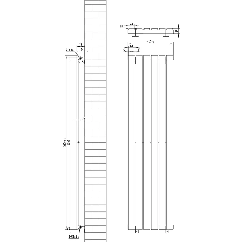 Radiador Plano de Columna Simple con Válvulas – 1600 x 420 mm – Gris Antracita