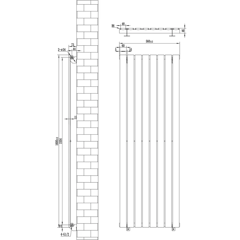 Radiador Plano de Columna Simple con Válvulas – 1600 x 560 mm – Gris Antracita