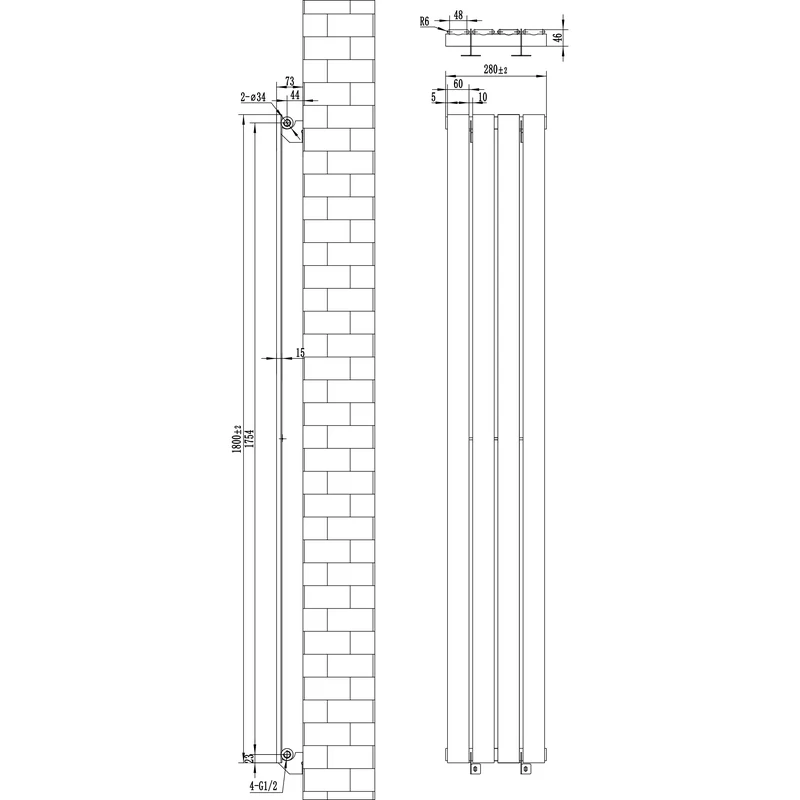 Radiador Plano de Columna Simple con Válvulas – 1800 mm x 280 mm – Negro