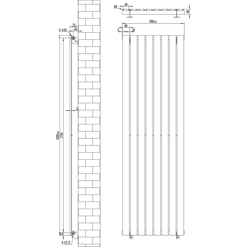 Radiador Plano de Columna Simple con Válvulas – 1800 mm x 560 mm – Gris Antracita