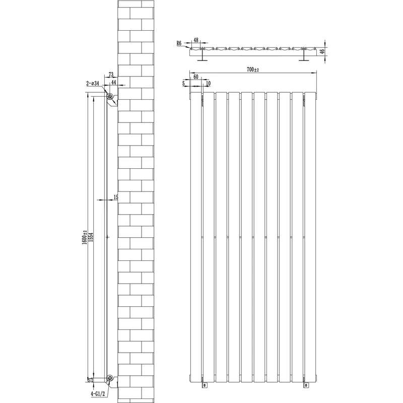Radiador De Columna Única – 1600 mm x 700 mm – Negro