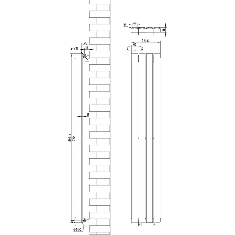 Radiador De Columna Única – 1600 mm x 280 mm – Negro