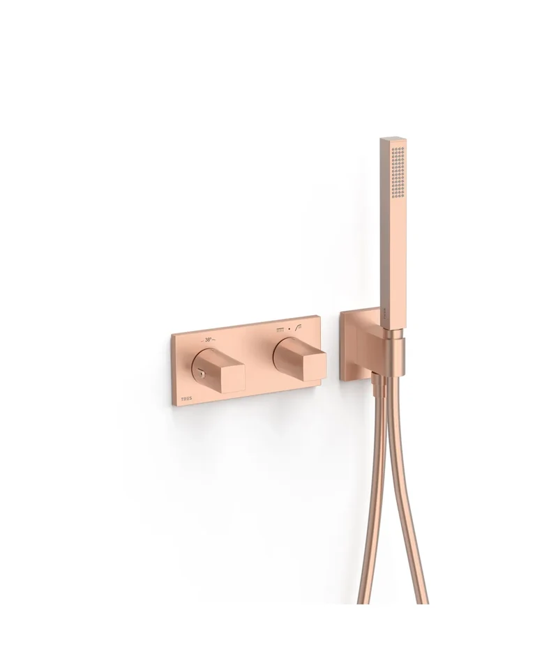 Columna de ducha de mano con grifo termostático y volantes cuadrados acabado oro rosa mate B-System TRES