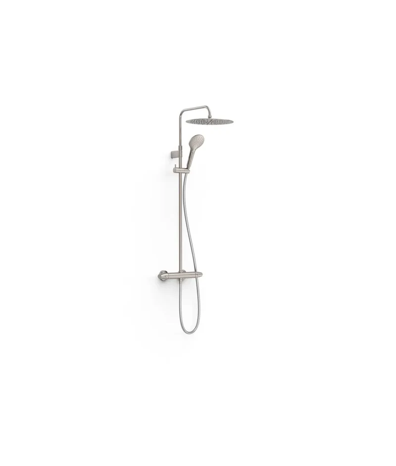 Columna de ducha con grifo termostático mural de dos vías, ducha de mano y telescópica orientable en acero Loft TRES