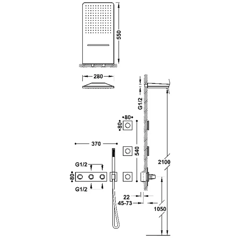 Columna de ducha kit de rociador con jets de hidromasaje y teleducha de múltiples funciones acabado negro mate B-SYSTEM TRES