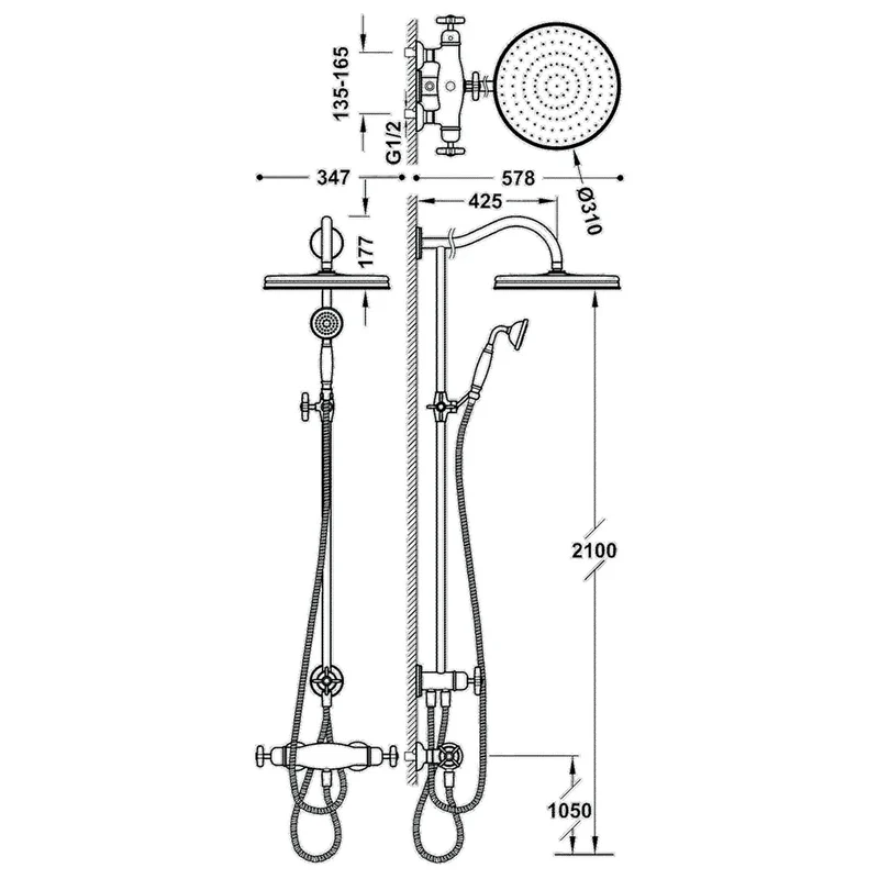 Columna de ducha de latón cromado con conjunto monomando y termostática y rociador circular Eco Clasic TRES