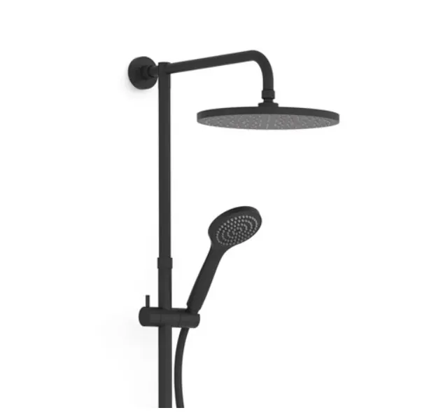 Columna de ducha con grifo termostático de dos vías y ducha de mano en latón y ABS negro mate Base Plus TRES