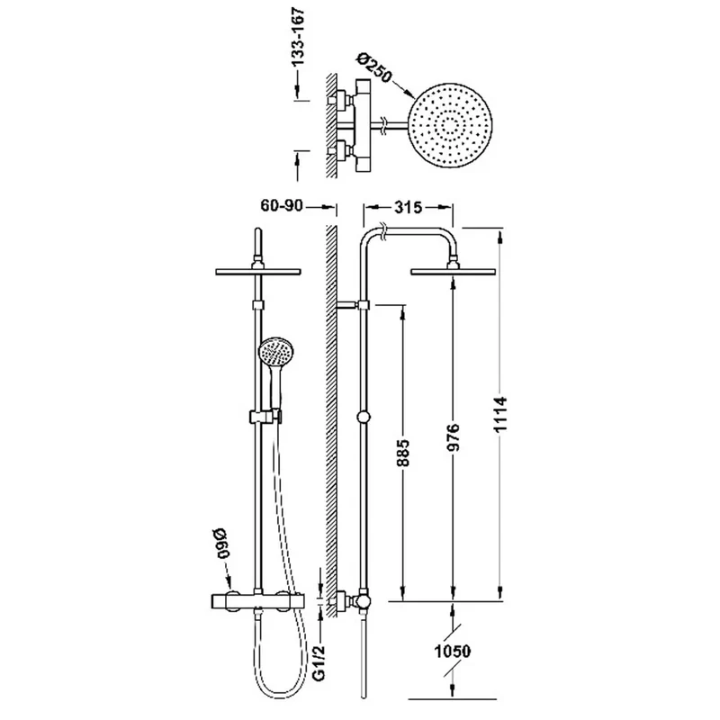 Columna de ducha con grifo termostático y ducha de mano en latón y ABS cromado Base Plus TRES