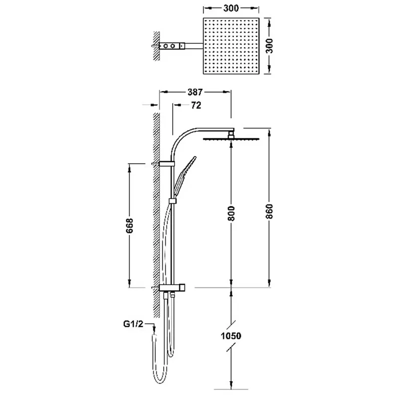 Columna de ducha con rociador cuadrado para grifos universales con acabado blanco mate Over Wall Tres