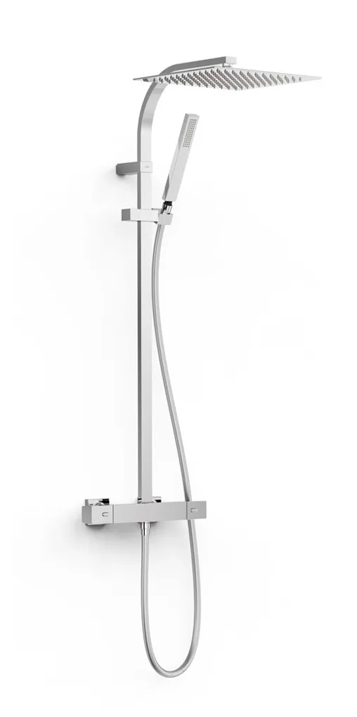 Columna de ducha de acero cuadrada con teleducha y grifo termostático acabado cromo BASE PLUS TRES