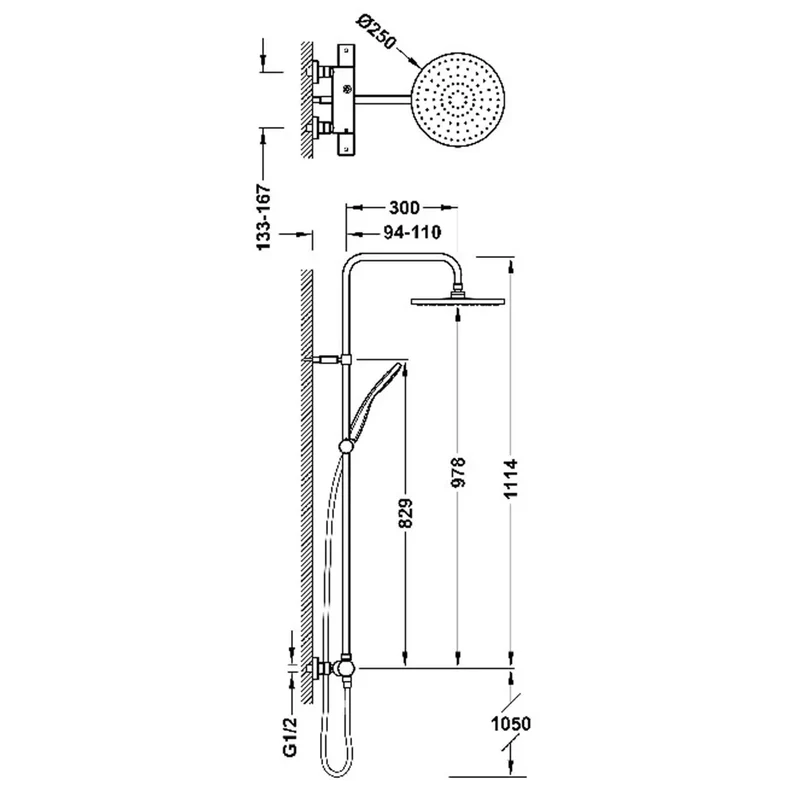 Columna de ducha termostática con rociador amplio y volante redondo, acabado negro mate de Over Wall Tres