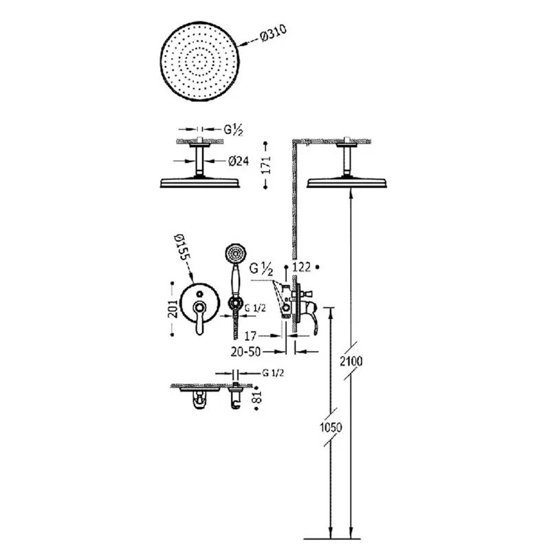 Columna de ducha monomando empotrado de vías para ducha con inversor y brazo a techo acero Tres Clasic Tres