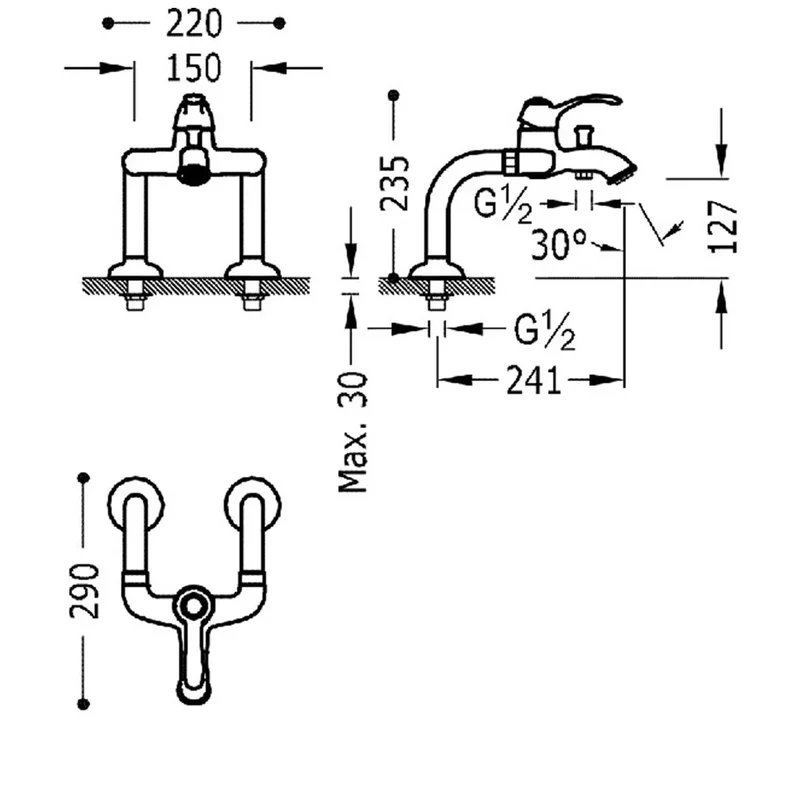 Columna de ducha monomando para borde de bañera con ducha de mano soporte y flexo en acero Tres Clasic tres
