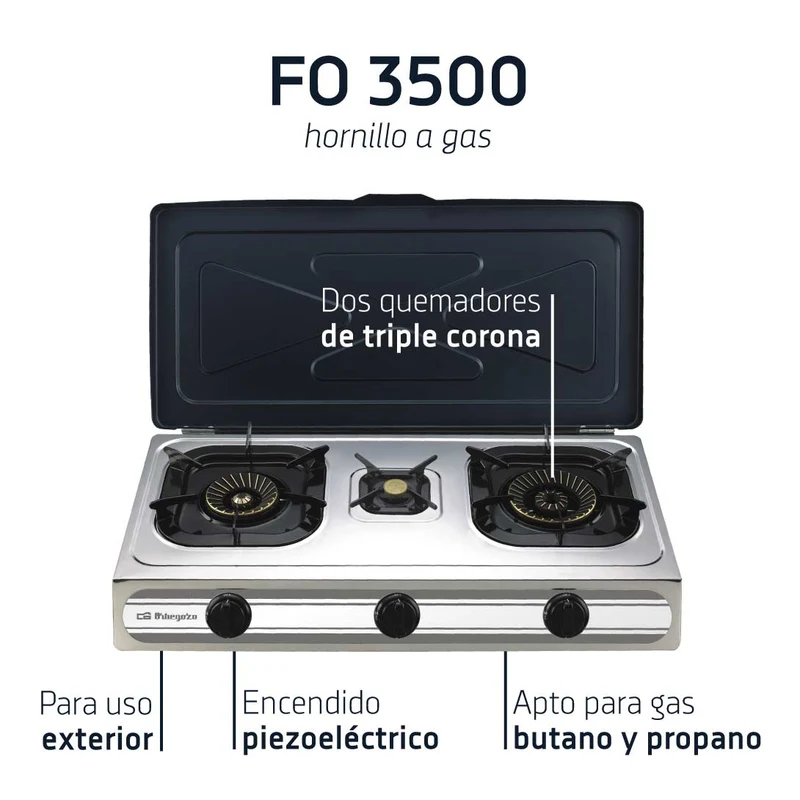 Orbegozo FO 3500 Hornillo Gas Inox 3 Fuegos con Tapa 8,45 kW