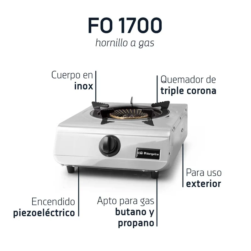 Orbegozo FO 1700 Hornillo Gas Inox Triple Corona 4,3 kW Piezo