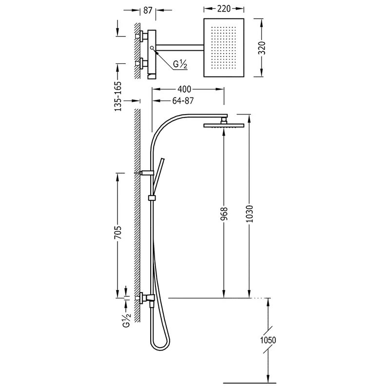 Columna de ducha rectangular con rociador en latón y acabado negro mate Slim TRES