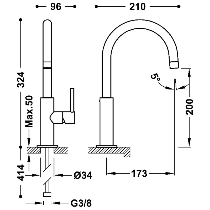 Grifo monomando alto con maneta lateral y ahorro energético acabado oro rosa mate Study Tres
