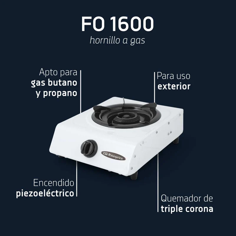 Orbegozo FO 1600 Hornillo Gas Doble Corona 3,2 kW Piezoeléctrico