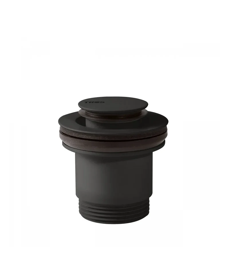 Válvula de desagüe para lavabo de latón con sistema click clack y acabado negro mate TRES