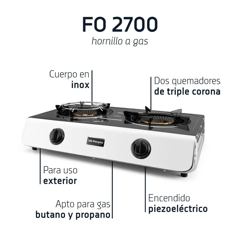 Orbegozo FO 2700 Hornillo Gas 2 Fuegos 7,7 kW Inox Exterior