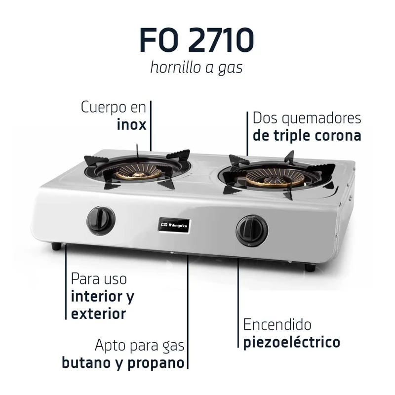 Orbegozo FO 2710 Hornillo Gas 2 Fuegos Triple Corona Inox 7,7 kW