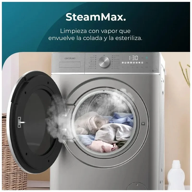 Lavadora Inverter Steel 9kg, 1400rpm, Eficiencia A, 16 Programas y Vapor Inteligente de Cecotec