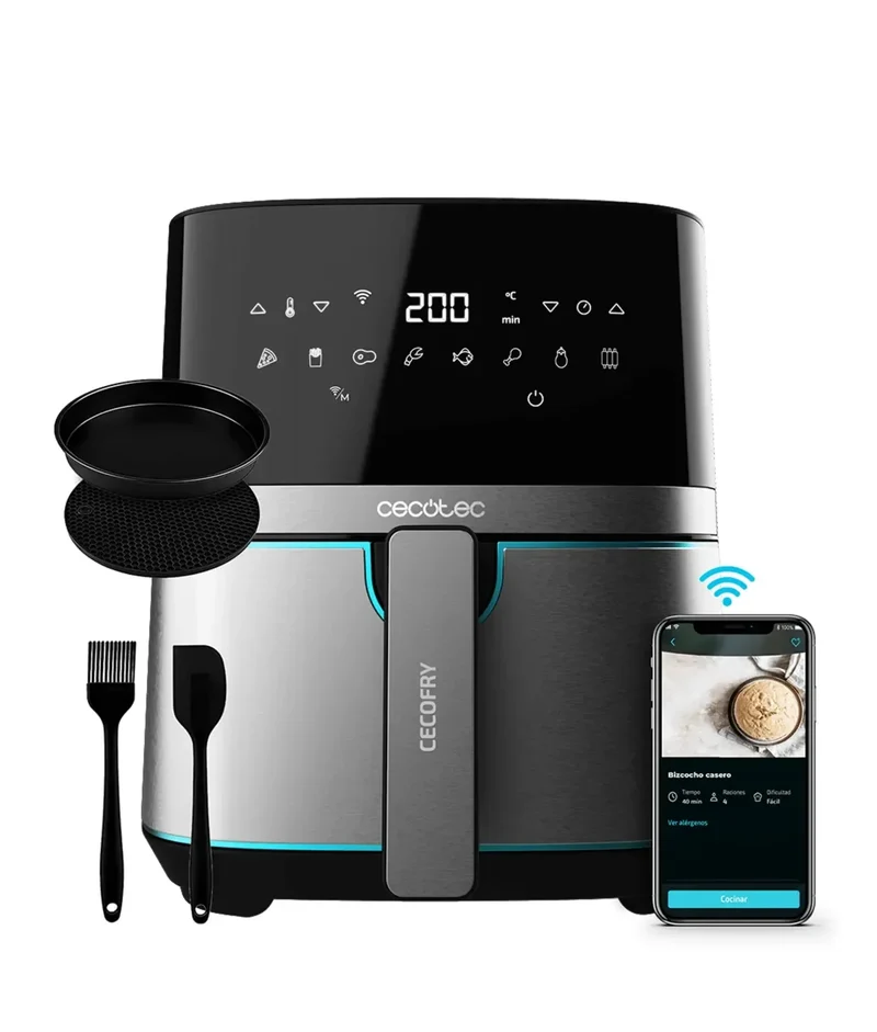 Freidora de Aire Inoxidable 5.5L: Cocina Saludable con Control App y Accesorios de Cecotec
