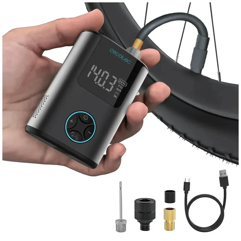 Inflador Eléctrico compacto Mini Air Max para bicicletas motos coches y balones 150psi 600mah Portátil y ligero Cecotec