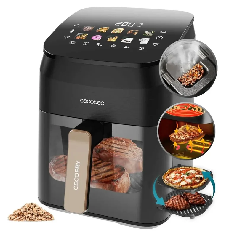 Freidora de aire 4.5L 1900W dorados perfectos y sabor a parrilla en carnes saludables Cecofry Grill Smokin 4500 de Cecotec