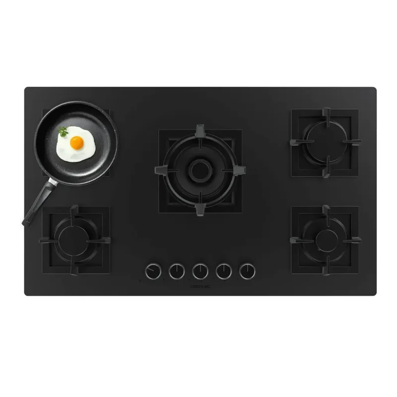 Bolero Squad G 5800S Placa de gas 5 fuegos cristal negro mate 13 1kW con quemador WOK y seguridad eléctrica de Cecotec