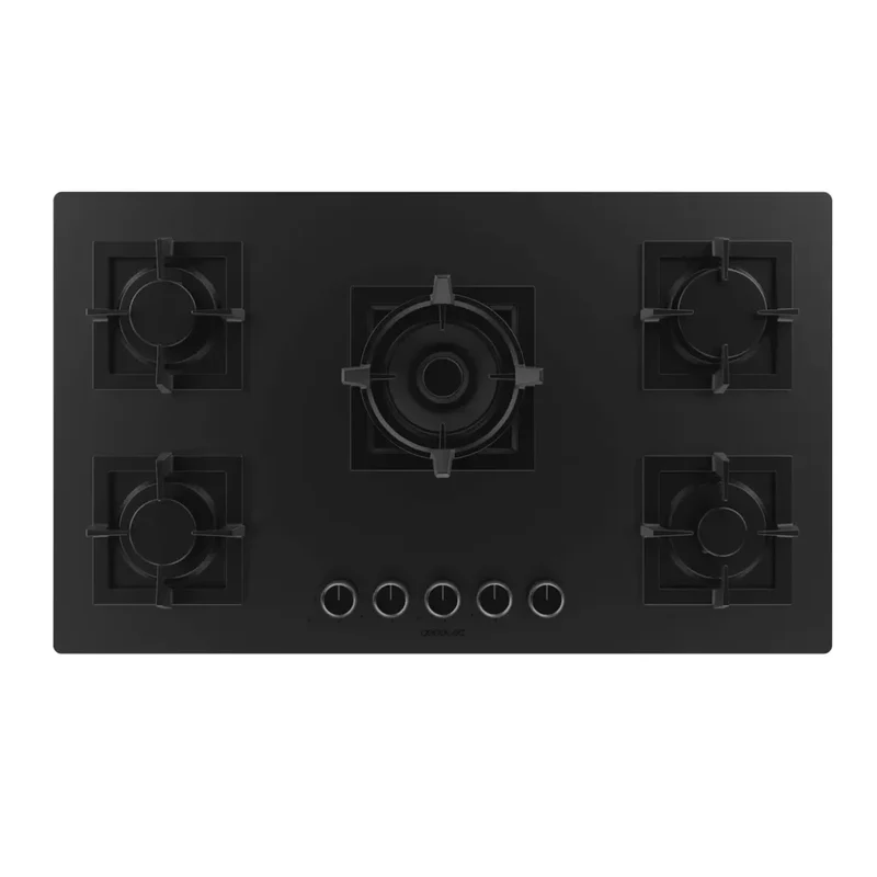Bolero Squad G 5800S Placa de gas 5 fuegos cristal negro mate 13 1kW con quemador WOK y seguridad eléctrica de Cecotec
