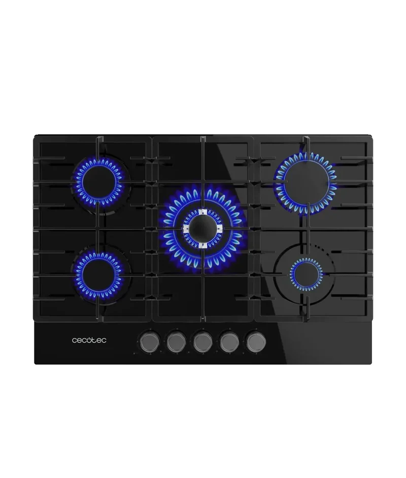 Placa de gas Bolero Squad G 5200F 5 fuegos cristal negro con parrillas de hierro fundido y encendido eléctrico de Cecotec