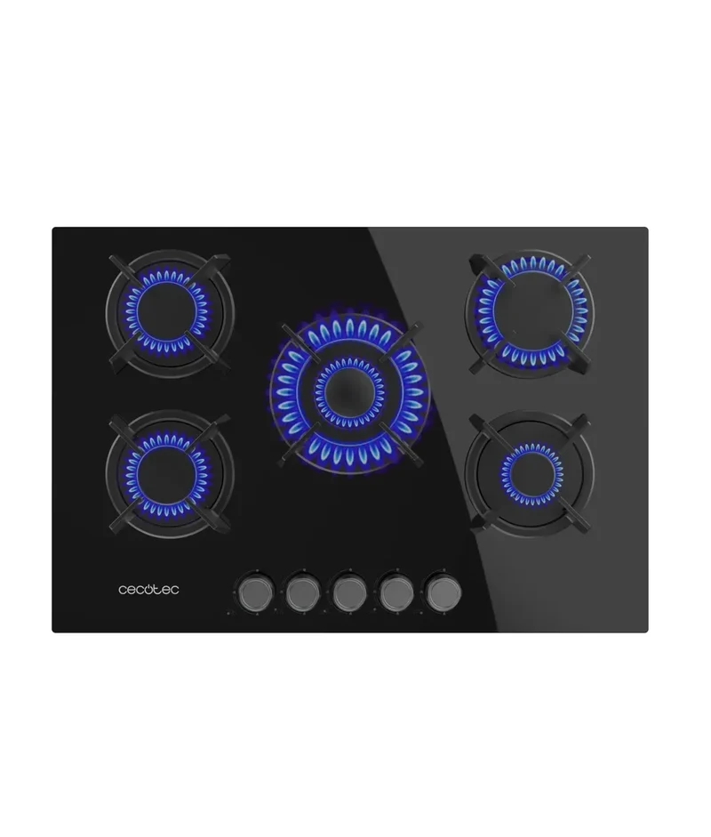 Placa de gas Bolero Squad G 5200S 5 fuegos cristal negro encendido eléctrico y quemador WOK triple corona de Cecotec