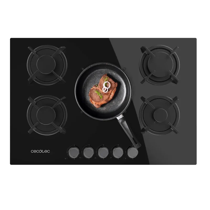 Placa de gas Bolero Squad G 5200S 5 fuegos cristal negro encendido eléctrico y quemador WOK triple corona de Cecotec