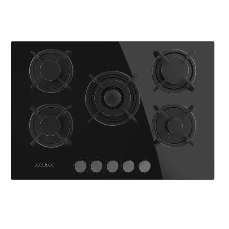 Placa de gas Bolero Squad G 5200S 5 fuegos cristal negro encendido eléctrico y quemador WOK triple corona de Cecotec
