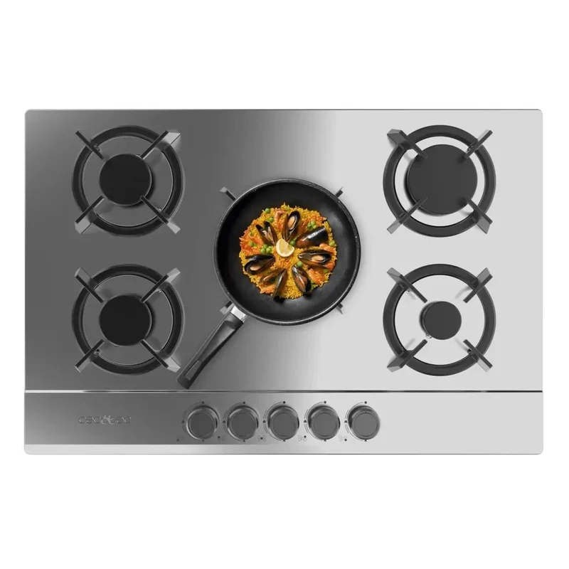Placa de gas Bolero Squad G 5200S 5 fuegos acero inoxidable con quemador WOK triple corona y encendido eléctrico de Cecotec