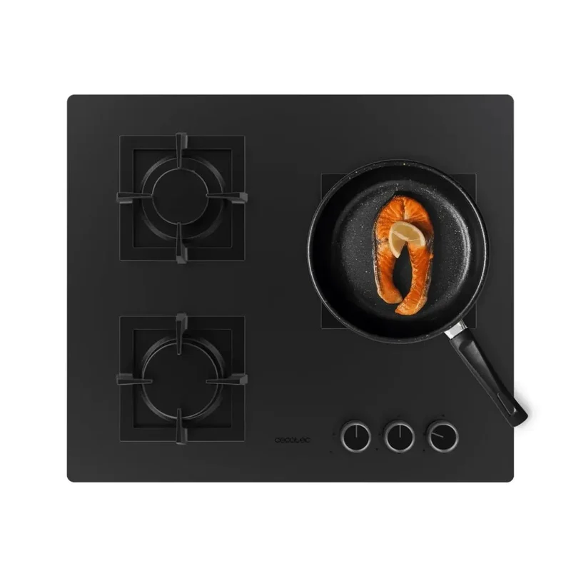 Placa de gas Bolero Squad G 3800S con 3 fuegos de cristal negro mate y potencia de 10,35kW para cocina segura de Cecotec