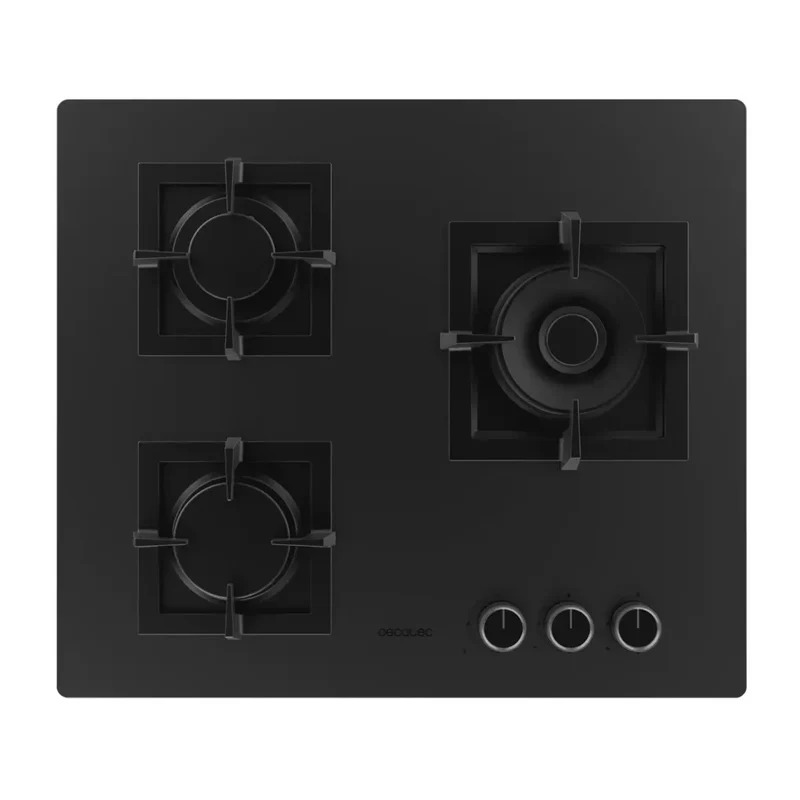 Placa de gas Bolero Squad G 3800S con 3 fuegos de cristal negro mate y potencia de 10,35kW para cocina segura de Cecotec