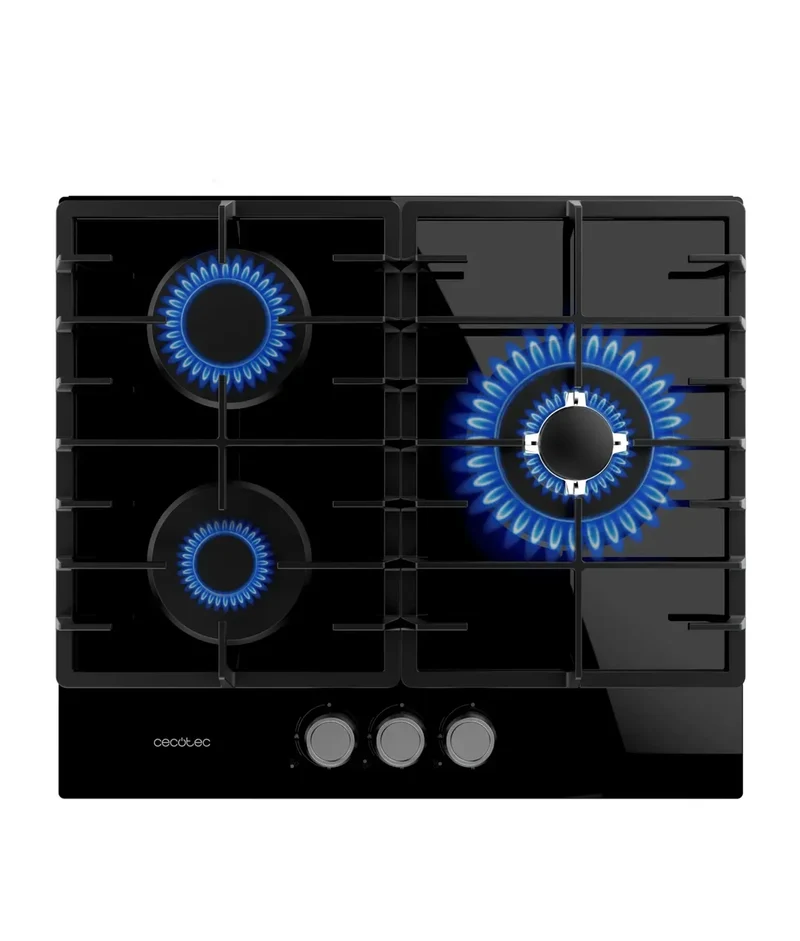 Placa de gas Bolero Squad G 3200F Glass Black 3 fuegos con parrillas de hierro y quemador WOK potente de Cecotec