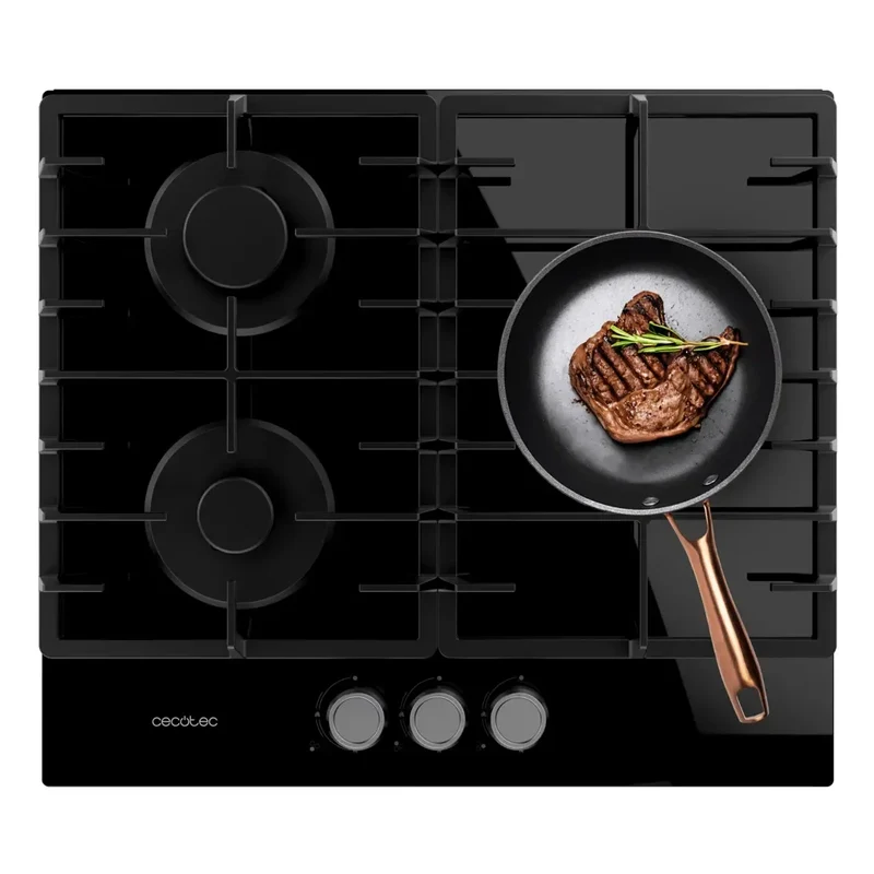 Placa de gas Bolero Squad G 3200F Glass Black 3 fuegos con parrillas de hierro y quemador WOK potente de Cecotec