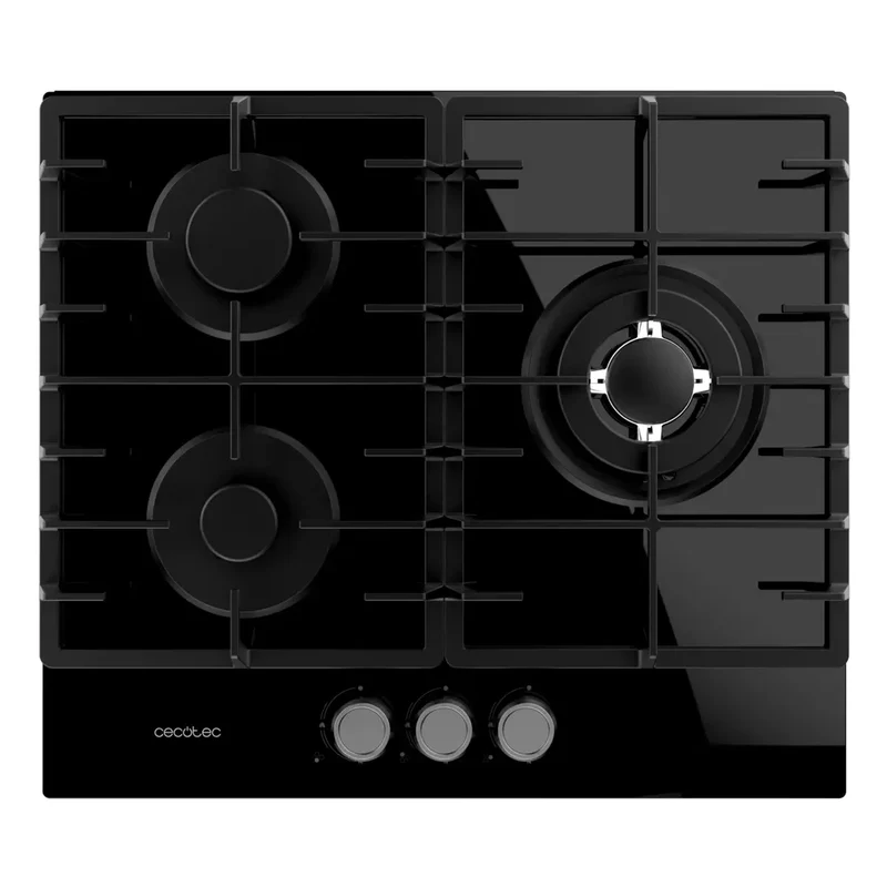 Placa de gas Bolero Squad G 3200F Glass Black 3 fuegos con parrillas de hierro y quemador WOK potente de Cecotec